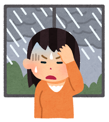 気象病に悩む女性のイラストとセルフケアアイコン（耳・足つぼ・アロマ）